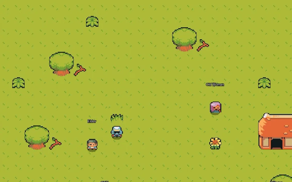 Village in Trouble in play: a player's character in the village beside NPCs named Elder and Old Woman.